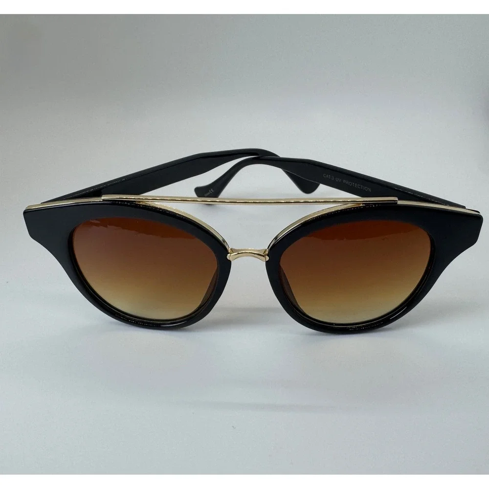 Womens Black Cat Eye Sunglasses Gold Double Bridge Gradient Brown Lens UV400